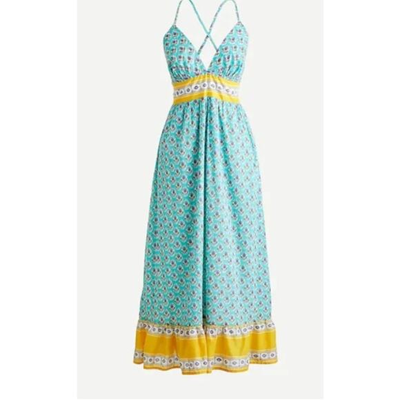 J Crew V-neck Criss Cross Dress in Block Print Aqua Saffron Size Medium Sundress - Picture 1 of 5